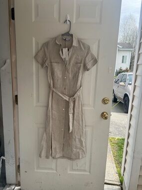 NWT Hiris Cotton Button-Front Short Sleeve Linen Midi Dress in Natural Beige